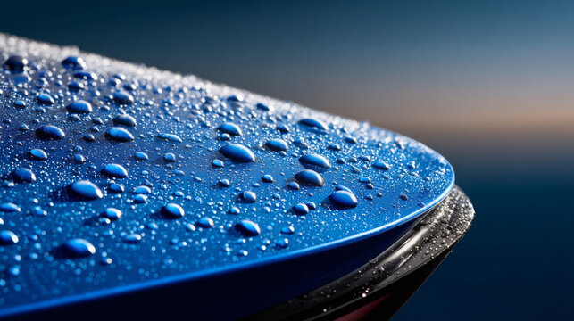 Close shot of blue car spoiler edge with uniform water beading, glossy surface, dramatic lighting
