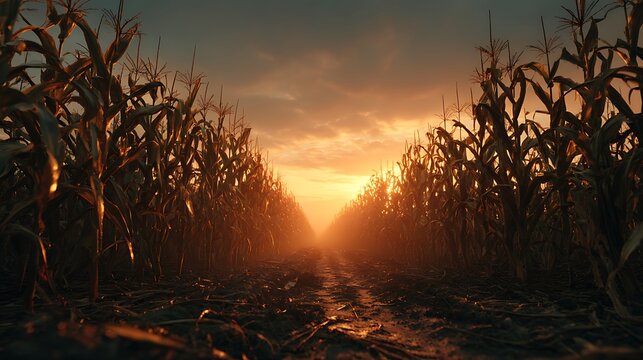 Muddy dirt path through an agricultural cornfield illuminated by warm golden hour sunlight leading toward the horizon under a dramatic cloudy sky during a rural sunset