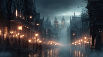 Naklejka premium Mysterious foggy victorian steampunk cityscape at dusk gigapixel detail warm ambient lighting enigmatic atmosphere