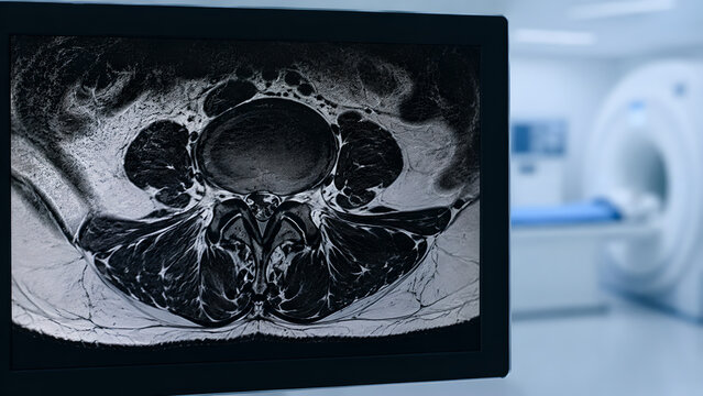 Lumbar Spine Spinal Stenosis MRI With Degenerative Facet Hypertrophy in Radiology Suite for Medical Education