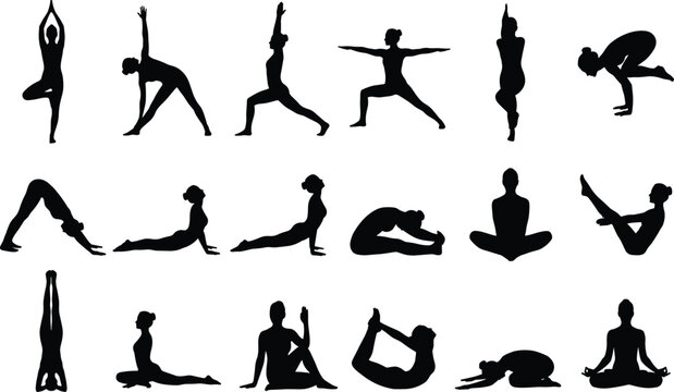 Yoga poses and stretching exercises icon set featuring female silhouettes in diverse wellness and fitness positions on white backgroundYoga poses and stretching exercises icon set featuring female 