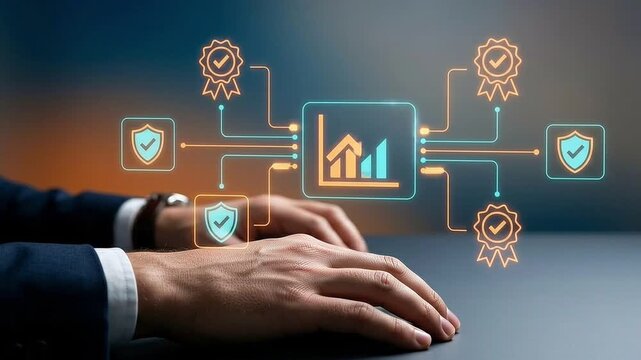 Data Analytics and Cybersecurity Milestones Concept: Floating Holographic Trending Line Graph and Security Checkmark Badges above Businessman Hands
