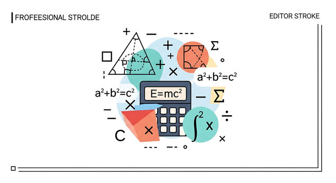 Educational math and science concept illustration featuring geometry symbols and scientific formulas with a calculator graphic design for academic study