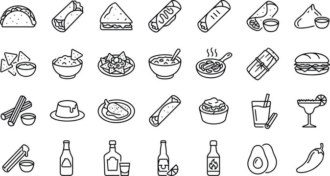 Mexican food and culture icons set featuring traditional cuisine tacos nachos tequila skull and guitar line art.