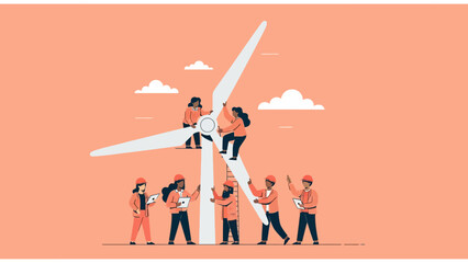 Obraz premium Diverse Team of Engineers Working on Large Wind Turbine for Renewable Energy Concept