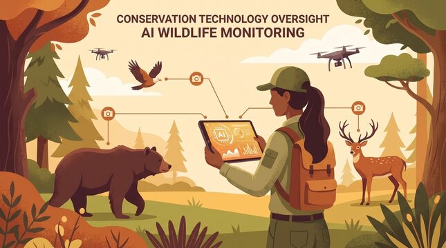 AI Wildlife Monitoring, Subject: Conservation, Location: Nature, Content Type: Illustration, Environment: Forest, Viewpoint: Observer, Concept: Technology