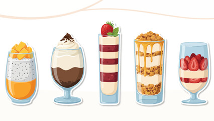 Sweet dessert glasses vector illustration set with fruit parfait pudding and chia seed mango verrines isolated on white background © SOHAG