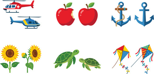 Vector Icon Set Featuring Emergency and Police Helicopters, Red Bitten Apples, Nautical Ocean Anchors, Blooming Yellow Sunflowers, Green Sea Turtles, and Colorful Flying Kites © Garun Creative