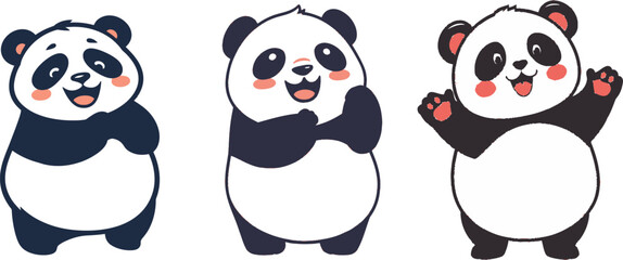 Fototapeta premium Three happy cartoon pandas waving and eating