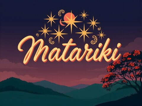 Matariki celebration with stars and decorative swirls in festive night sky