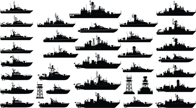 Naval Fleet Silhouette Set Featuring Modern Corvettes, Frigates, Patrol Boats, and Coastal Defense Warships Equipped with Radar and Missile Systems Vector Illustration