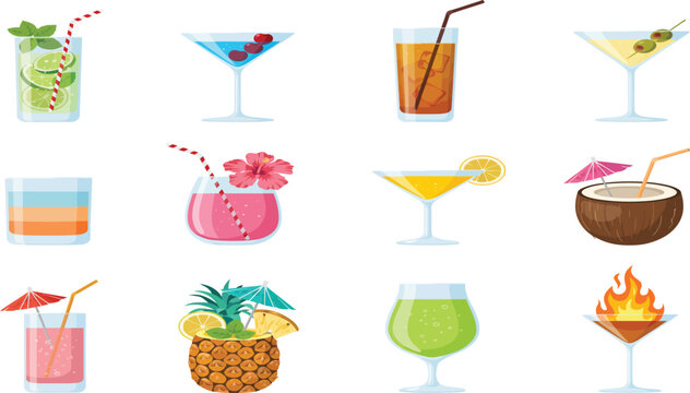Summer cocktail and mocktail vector illustration set with tropical drinks isolated on white background