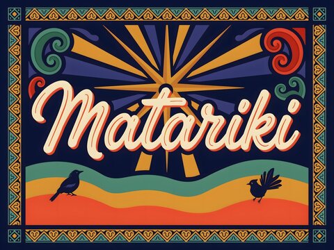 Vintage pixel art title screen for matariki celebration with stars and birds