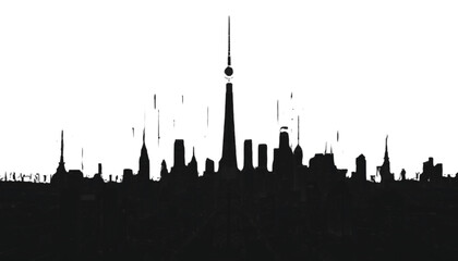 Fototapeta premium Cityscape silhouette displays an intricate urban skyline with a distinct central spire set against a white background to provide a clean area for creative branding or layout integration.