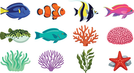 Tropical Coral Reef Fish Vector Illustration Set Featuring Colorful Clownfish Tang Moorish Idol Pufferfish Seaweed and Starfish Icons for Marine Marine Life Graphic Designs © Sultana