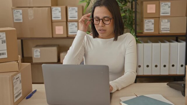 Woman holding glasses pinching bridge of nose at laptop among stacked shipping boxes and parcels in building; work fatigue.