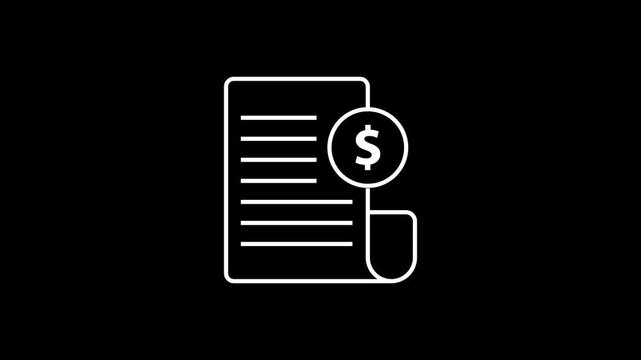 Financial invoice and dollar icon. Billing invoice sheet icon with text lines and bottom edge. 2D motion graphics in 4K resolution with alpha channel.