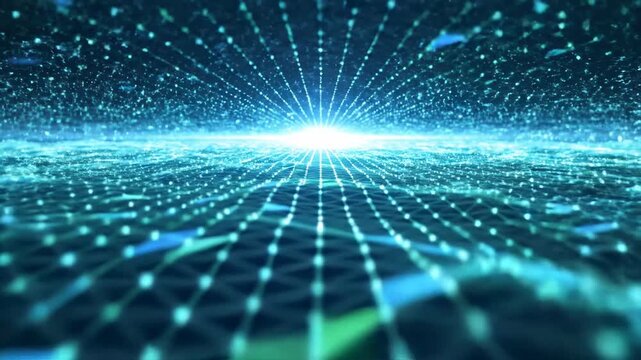 Digital network grid with glowing light expanding across a dark futuristic landscape for technology concepts