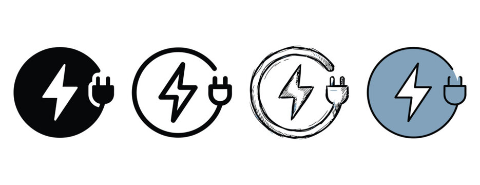 Energy icons featuring lightning bolts and plugs in various styles including solid outline sketched and filled designs isolated on transparent background