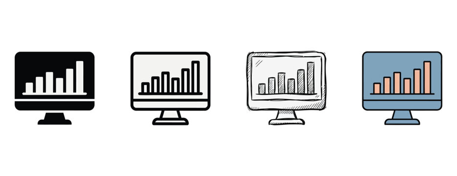 Four computer monitors displaying bar graphs in various styles including black white sketch and blue color isolated on transparent background