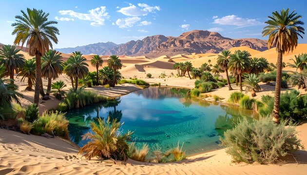 Desert oasis with palm trees and mountain.