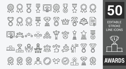 Awards icon set. containing badge, trophy, certificate, and more. Outline Icon Collection. Editable stroke. Vector illustration © Zilkasun