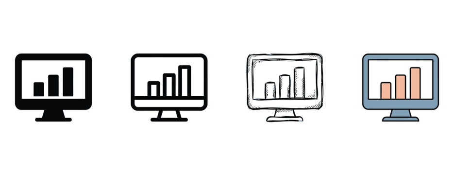 Four computer screens displaying bar graphs in various styles including solid line sketch and color isolated on transparent background