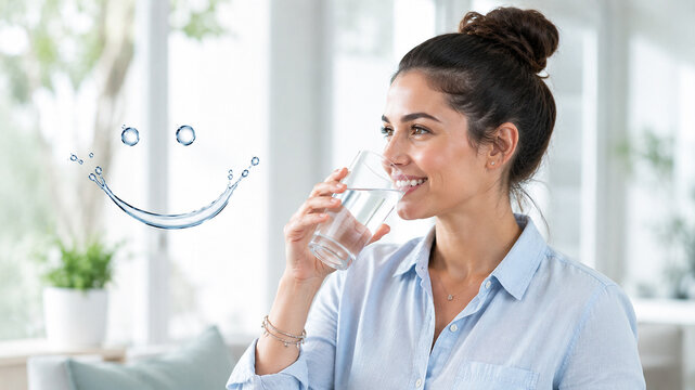 Young woman drinking water from glass with water smile symbol, hydration and healthy lifestyle concept