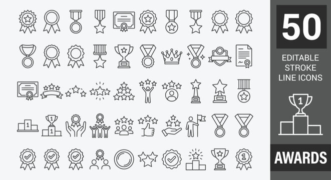 Awards icon set. containing badge, trophy, certificate, and more. Outline Icon Collection. Editable stroke. Vector illustration