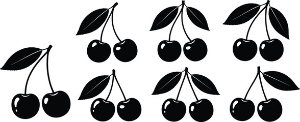 Sweet cherry berry fruit pair silhouette vector icon collection set with leaf stem and shine for dessert food design. © Olivia
