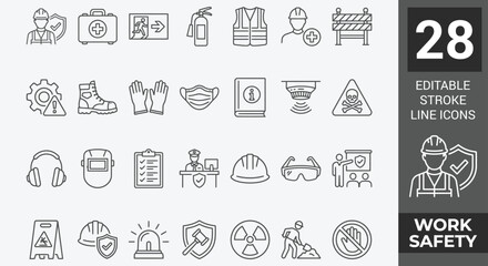 Work safety icon set. Containing workplace security, Safety first, hard hat, insurance, first aid kit, risk management, regulation, and more. editable stroke. Vector illustration © Zilkasun
