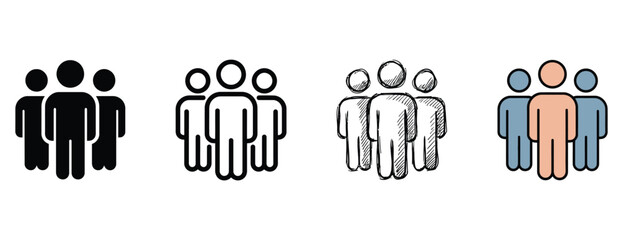 Obraz premium Group icons showing people in various styles from simple black outlines to colorful figures ideal for presentations websites and infographics isolated on transparent background