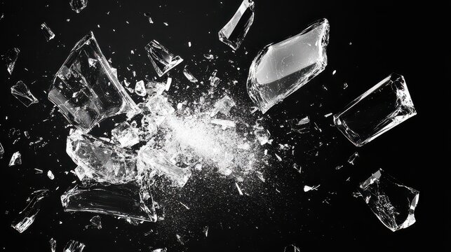 Shattered Glass Fragments Exploding Against Black Background