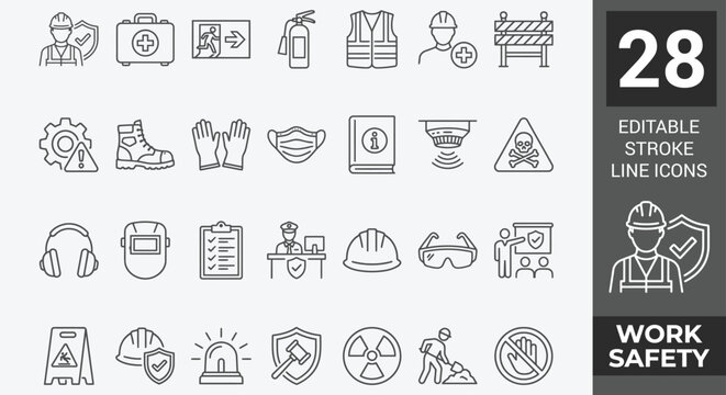 Work safety icon set. Containing workplace security, Safety first, hard hat, insurance, first aid kit, risk management, regulation, and more. editable stroke. Vector illustration