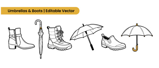 Obraz premium Rain boots and umbrella vector set for autumn weather design elements showing hand-drawn outlines of waterproof footwear, winter shoes, and open umbrellas on white background for seasonal project art.