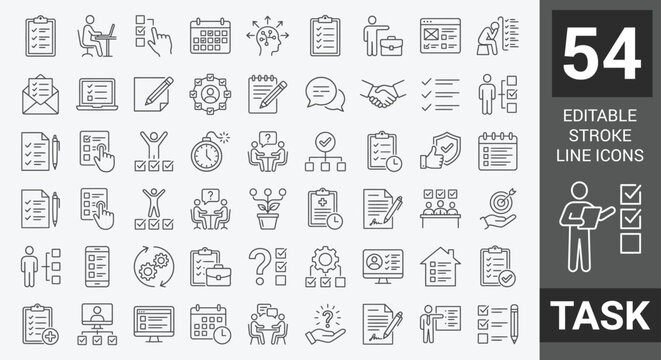 Task icon set. Containing checklist, poll, multitasking, decision, voting, checkbox, checkmark and more. Outline Icon Collection. Editable stroke. Vector illustration