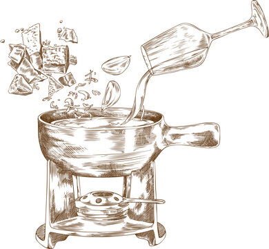 A monochrome sketch of cheese fondue in a caquelon on a burner, with a glass of wine and spices.