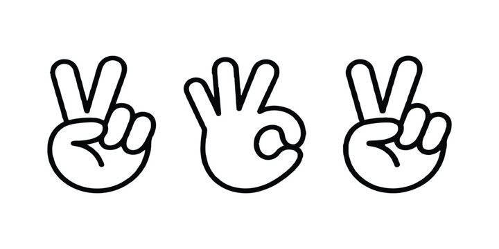 Black and white line art hand gestures peace sign and ok symbol vector illustration background.