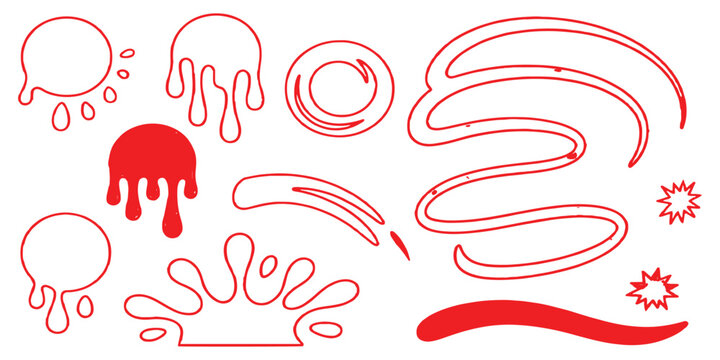 Set of red outline cartoon liquid drips splashes swirls and starbursts elements vector illustration background.