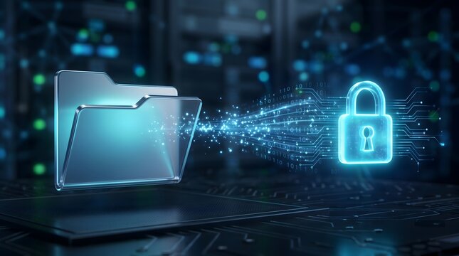 Digital data transfer to secure padlock icon with binary code