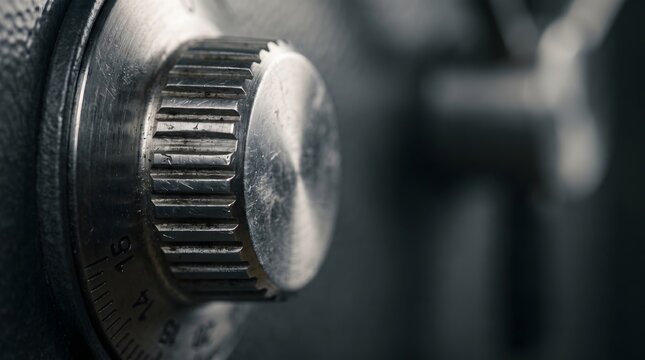 Close up of numbered steel knob on industrial safe lock