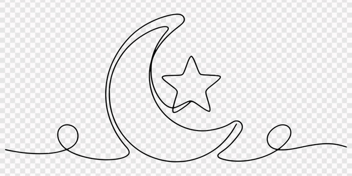 One continuous line moon and stars of isolated outline vector. one line Icon drawing, transparent background, Continuous one line moon star sleep drawing eid outline illustrator. Moon star vector hand