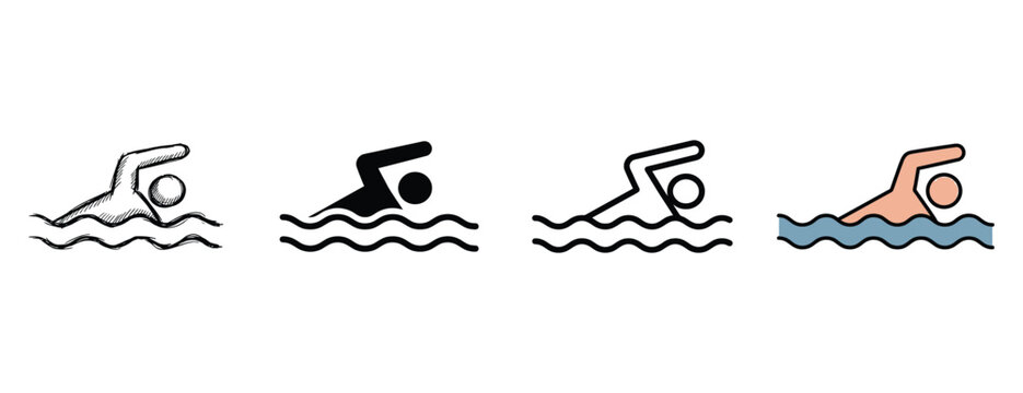 Swimmers in various styles including freestyle backstroke butterfly and breaststroke depicted in simple line art isolated on transparent background