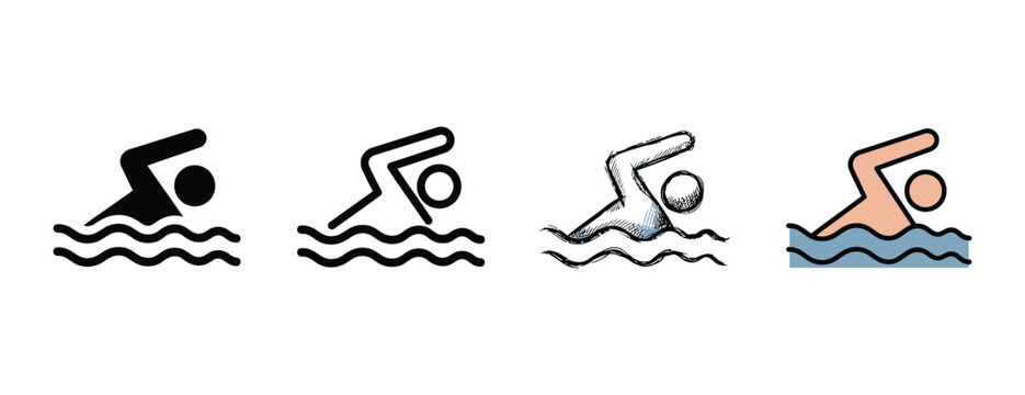 Swimmers in various styles including freestyle backstroke butterfly and breaststroke depicted through simple line art illustrations isolated on transparent background