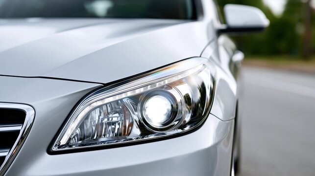 Close-up view of a modern silver car's headlight and grille on the road