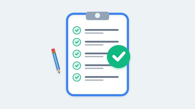Flat design animated clipboard with lines of text being checked off sequentially by a pencil, ending with a large approved checkmark. Great for business productivity and survey videos.