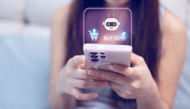 Person using a smartphone with AI shopping assistant and purchase interface, representing smart commerce, automated buying decisions and seamless mobile customer experience
