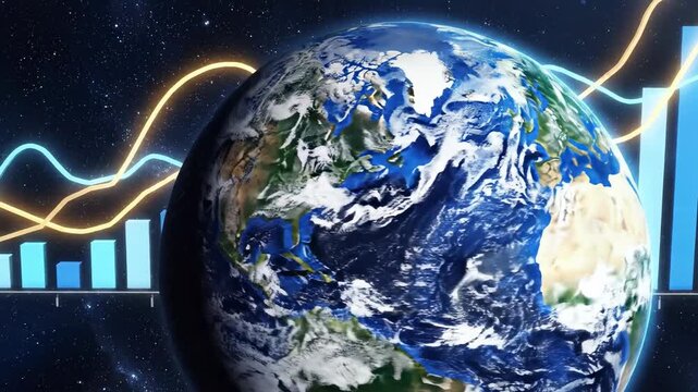 Earth growing with financial charts in orbit during global economic growth concept