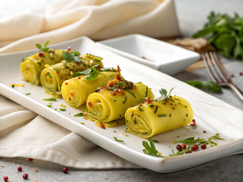 Khandvi elegant food styling, premium stock photo