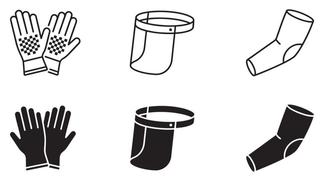 Set of protective safety equipment icons including gloves face shield and arm sleeves with protective, equipment